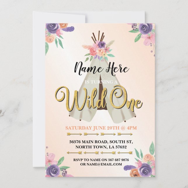 Wild One glitter Girl's 1st Birthday ONE Invite (Front)