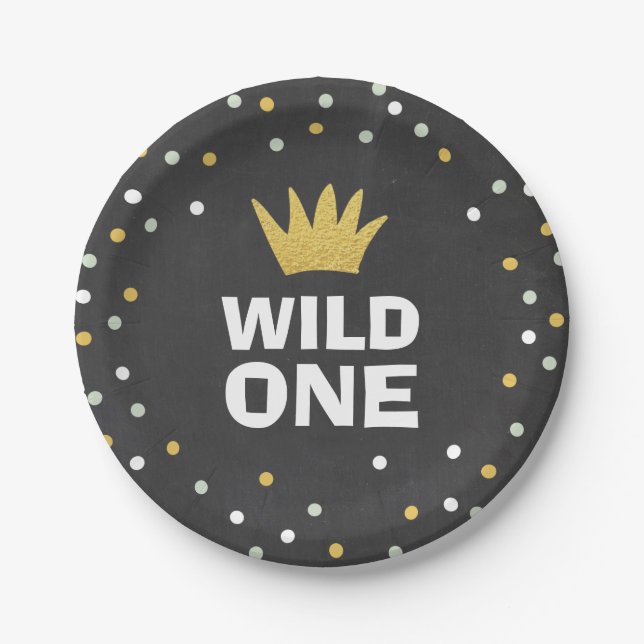 Wild One Gold Black First birthday Paper Plates (Front)