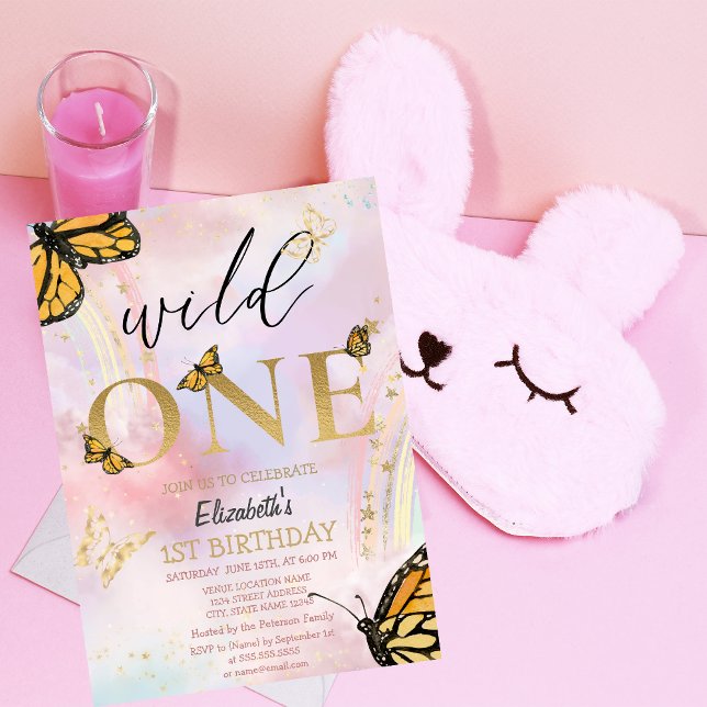 Wild One Gold Butterflies Rainbow Birthday  Invitation (Creator Uploaded)