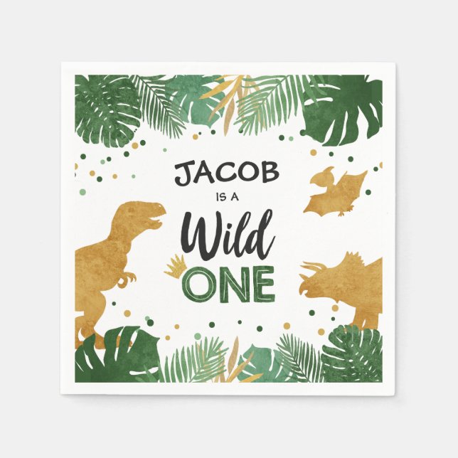 Wild One Gold Dinosaur Boy Birthday Safari Napkin (Front)
