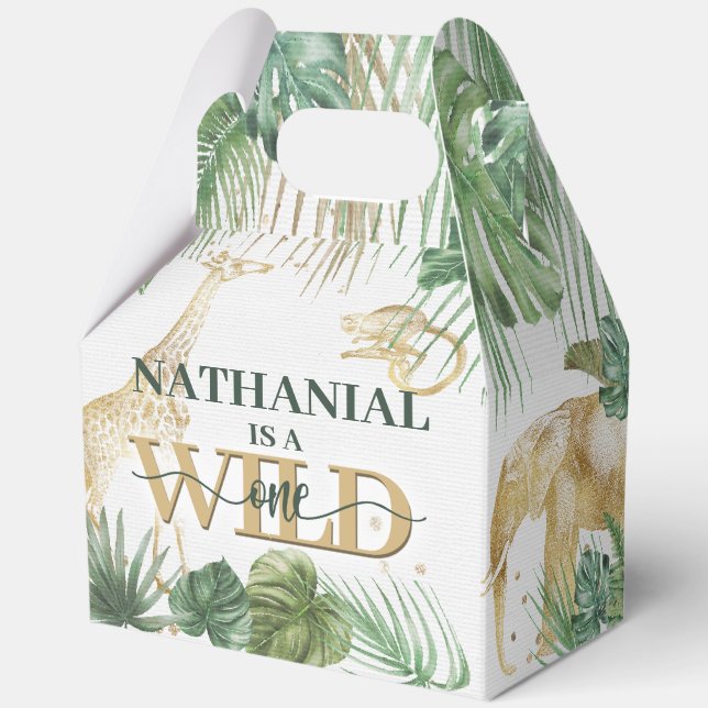 🌿🦁 Wild One Gold Green Birthday Favour Boxes (Front)