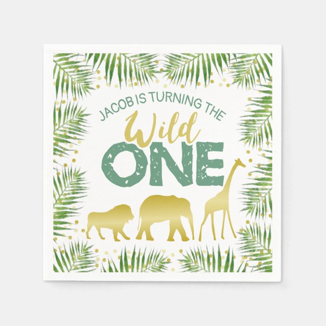Wild One Gold & Green Safari Animals 1st Birthday Napkin (Front)