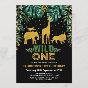 Wild One / Gold Jungle Safari Animals 1st Birthday Invitation
