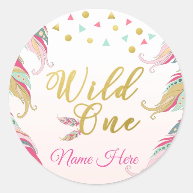 Wild One Gold Pink Green Feather Sticker (Front)