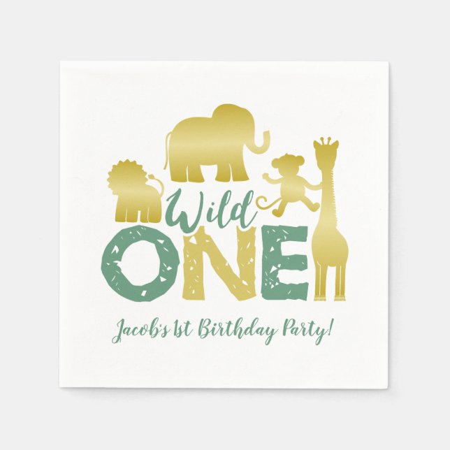 Wild One Gold Safari Animals 1st Birthday Napkin (Front)