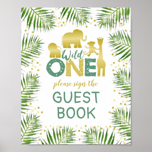 Wild One Gold Safari Baby Shower Guest Book Sign (Front)