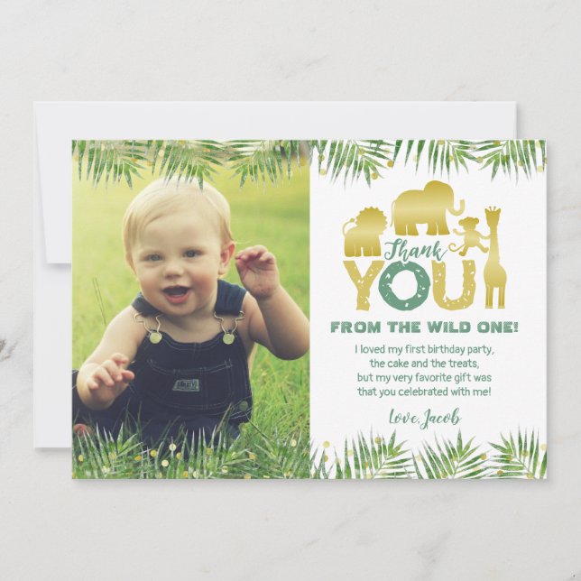 Wild One Gold Safari Photo Thank You Card (Front)