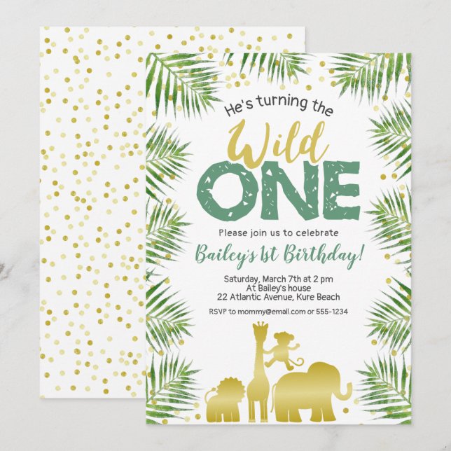Wild One Green Gold Safari Animals 1st Birthday Invitation (Front/Back)