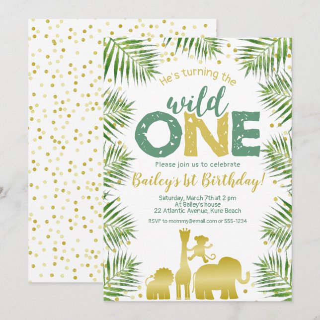 Wild One Green Gold Safari Animals 1st Birthday Invitation (Front/Back)