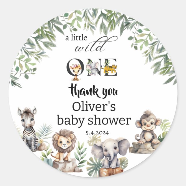 wild one greenery safari animals baby shower classic round sticker (Front)