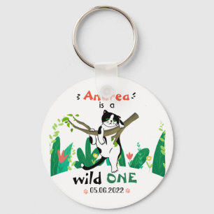 Wild One Greenery Safari Kitty Cat 1st Birthday Key Ring