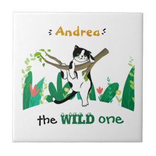 Wild One Greenery Safari Kitty Cat Kids Birthday Tile