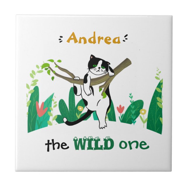 Wild One Greenery Safari Kitty Cat Kids Birthday Tile (Front)