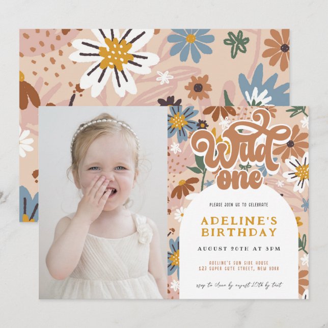 Wild One Groovy Boho Floral 1st Birthday Photo Invitation (Front/Back)