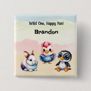 Wild One Happy Fun Woodland Animals Watercolor 15 Cm Square Badge