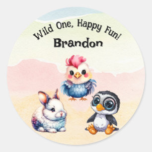 Wild One Happy Fun Woodland Animals Watercolor Classic Round Sticker