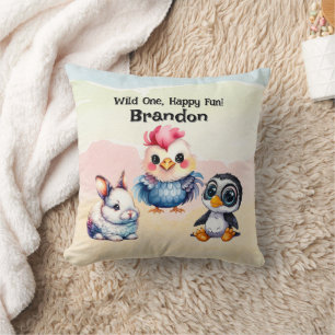 Wild One Happy Fun Woodland Animals Watercolor Cushion