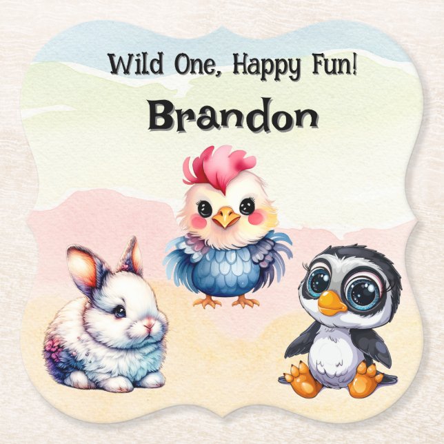 Wild One Happy Fun Woodland Animals Watercolor Paper Coaster (Front)