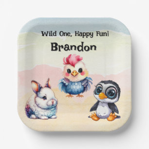 Wild One Happy Fun Woodland Animals Watercolor Paper Plate