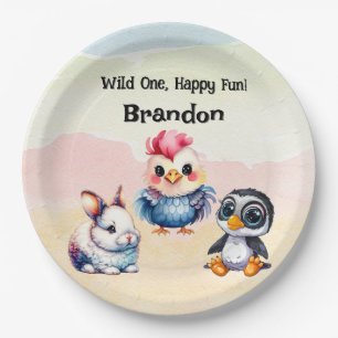Wild One Happy Fun Woodland Animals Watercolor Paper Plate