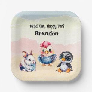 Wild One Happy Fun Woodland Animals Watercolor Paper Plate