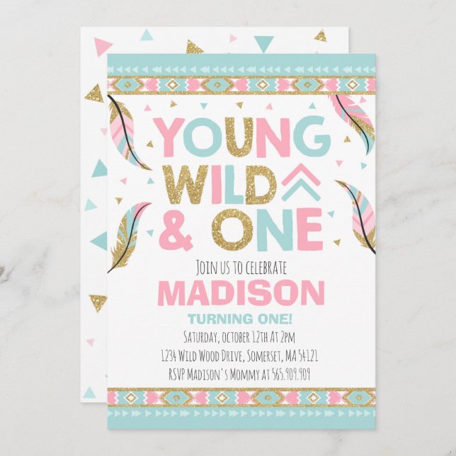 Wild One Invitation Boho Feather Wild One Party (Front/Back)