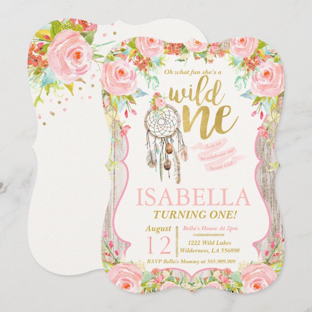 Wild One Invitation Girl Boho Dreamcatcher Party (Front/Back)