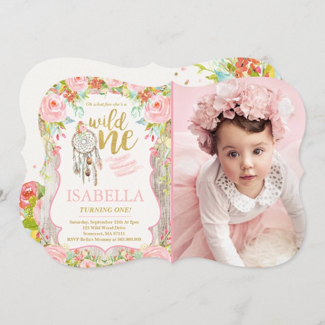 Wild One Invitation Girl Boho Dreamcatcher Party (Front/Back)