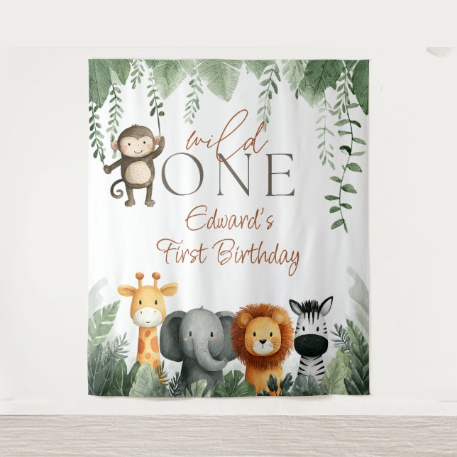 Wild One Jungle 1st Birthday Photo Backdrop Tapestry (Front)