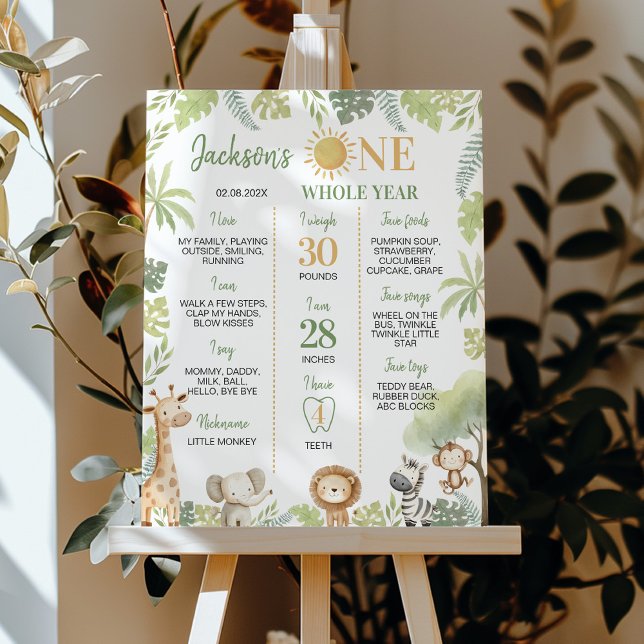 Wild One Jungle Animals 1st Birthday Milestone Poster (Creator Uploaded)