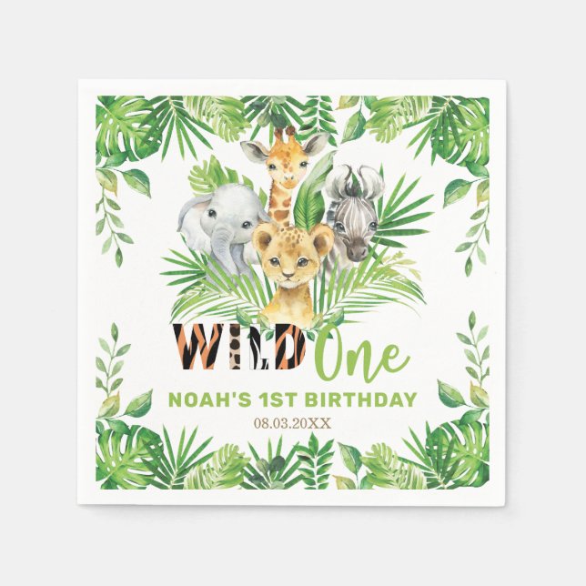 Wild One Jungle Animals Greenery 1st Birthday  Napkin (Front)