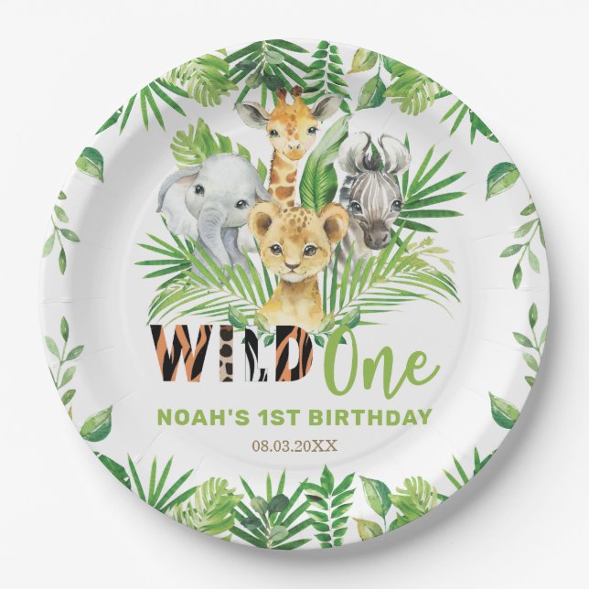 Wild One Jungle Animals Greenery 1st Birthday  Paper Plate (Front)