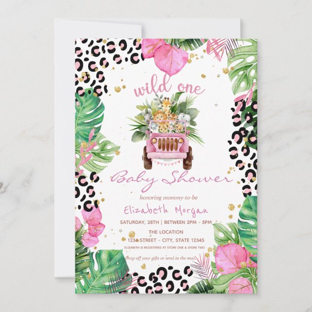 Wild One Jungle Animals Leaves Baby Shower Invitation (Front)