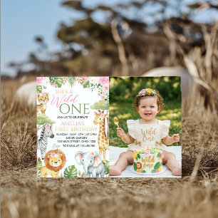 Wild One Jungle Animals Pink Floral Birthday Photo Invitation