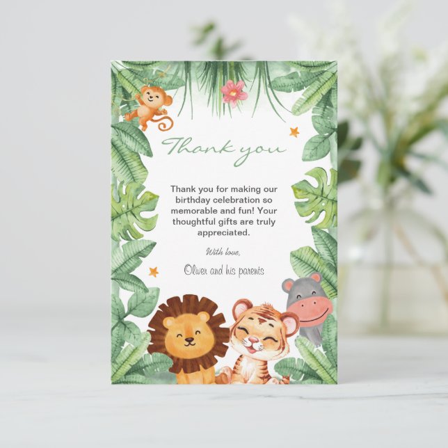 Wild one Jungle Animals Tropical Boy Birthday Thank You Card (Standing Front)