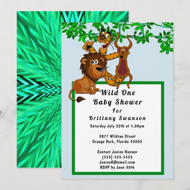 Wild One Jungle Baby Shower Animal Tribal Invite (Front/Back)