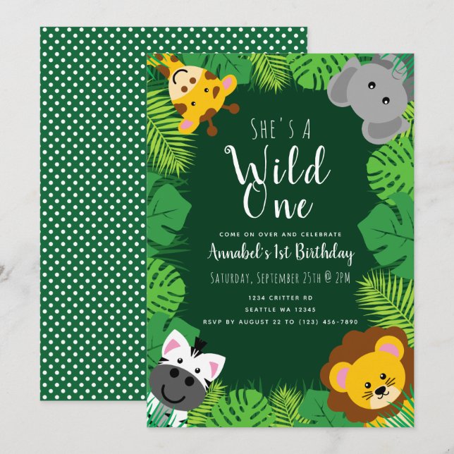 Wild One Jungle Critters Kids Birthday Invitation (Front/Back)