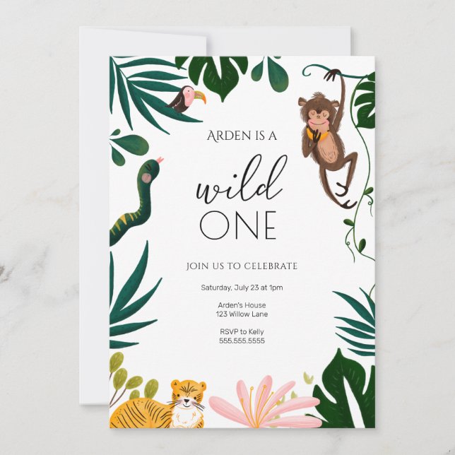 Wild One Jungle First Birthday Invitation (Front)