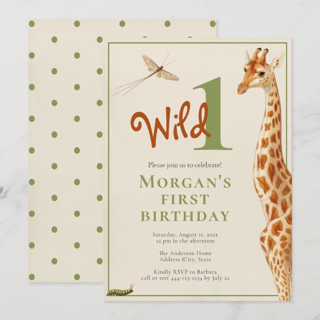 Wild One Jungle Giraffe 1st Birthday Party Invitation (Front/Back)