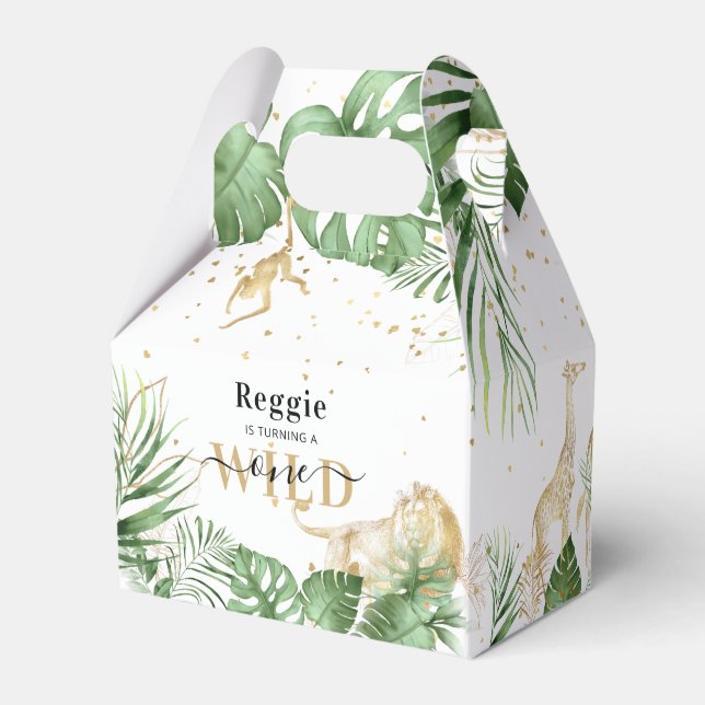 Wild One Jungle Greenery & Gold 1st Birthday Party Favour Box (Back Side)