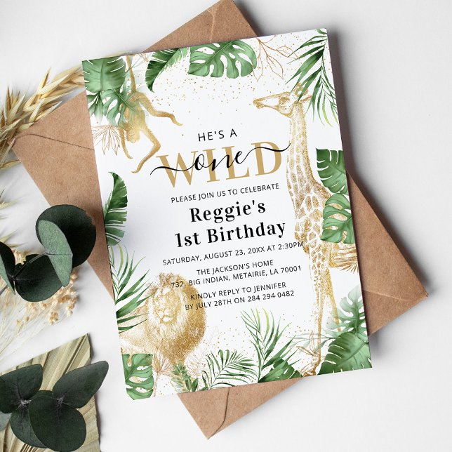 Wild One Jungle Greenery & Gold 1st Birthday Party Invitation (Creator Uploaded)
