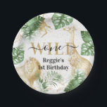 Wild One Jungle Greenery & Gold Birthday Party Paper Plate<br><div class="desc">Elegant neutral safari themed birthday party paper plates,  featuring tropical greenery,  faux gold jungle animals (lion,  giraffe and monkey),  gold confetti,  personalised with name and age. Matching items available in our Wild Jungle Collection.</div>