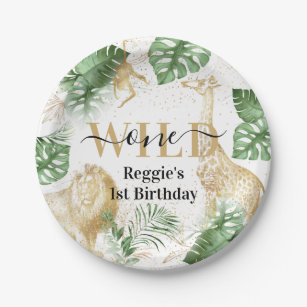 Wild One Jungle Greenery & Gold Birthday Party Paper Plate