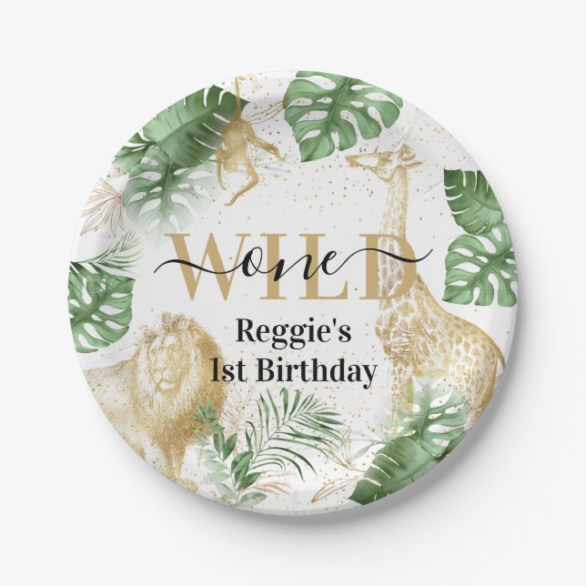 Wild One Jungle Greenery & Gold Birthday Party Paper Plate (Front)