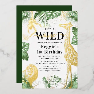 Wild One Jungle Greenery & Gold Foil Invitation