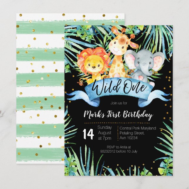 WILD ONE Jungle Party Birthday Invitation card (Front/Back)