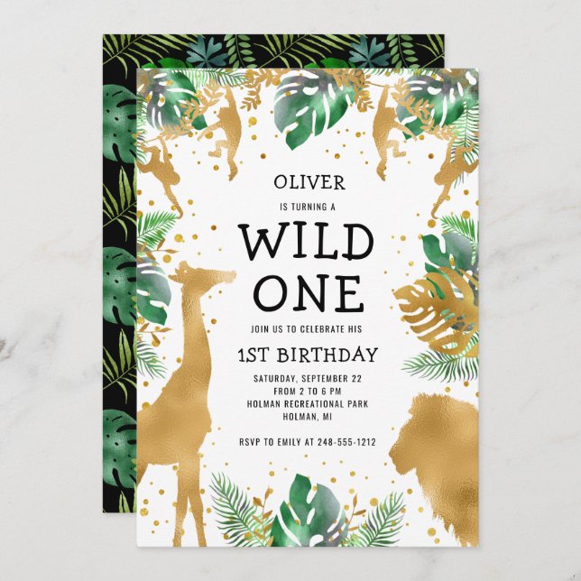 Wild One Jungle Safari 1st Birthday Gold Green Invitation (Front/Back)
