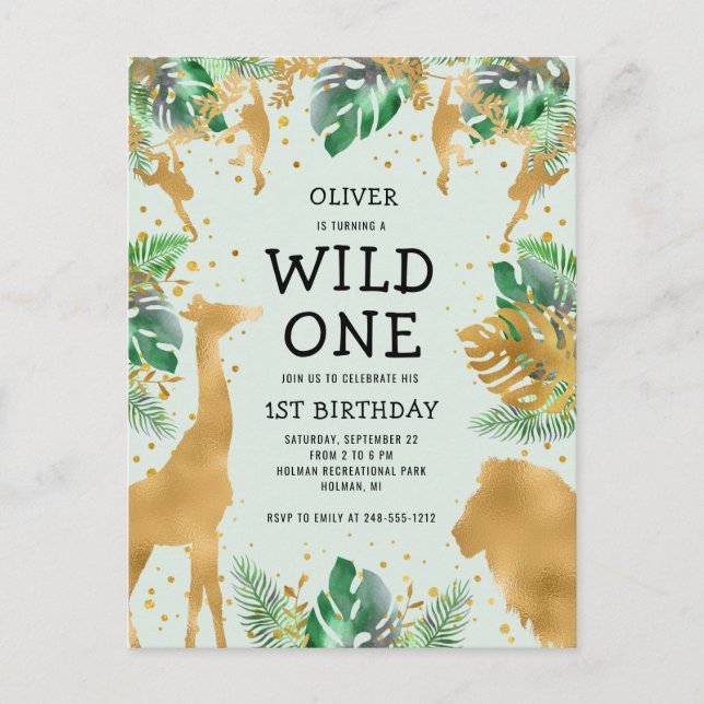 Wild One Jungle Safari 1st Birthday Green Invitation Postcard (Front)