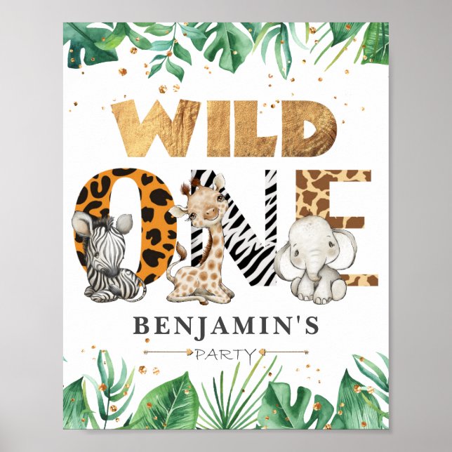 Wild One Jungle Safari 1st Birthday Party Poster (Front)