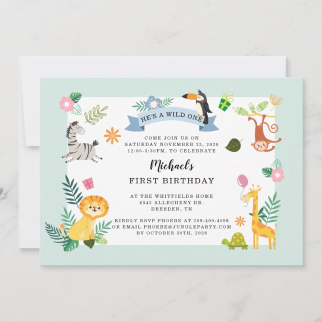 Wild One Jungle Safari Animal 1st Birthday Invitation (Front)